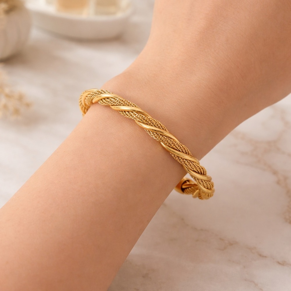 Gold Twisted Rope Cuff Bracelet – 316L Stainless Steel Adjustable Bangle